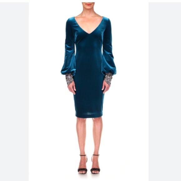 Badgley Mischka Velvet Balloon Sleeve Beaded Cuff Dress - Picture 1 of 7